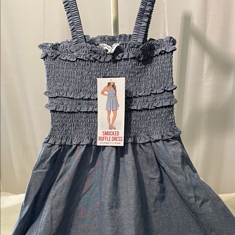 NEW Celebrity Pink Smocked Ruffle Dress in Denim Blue